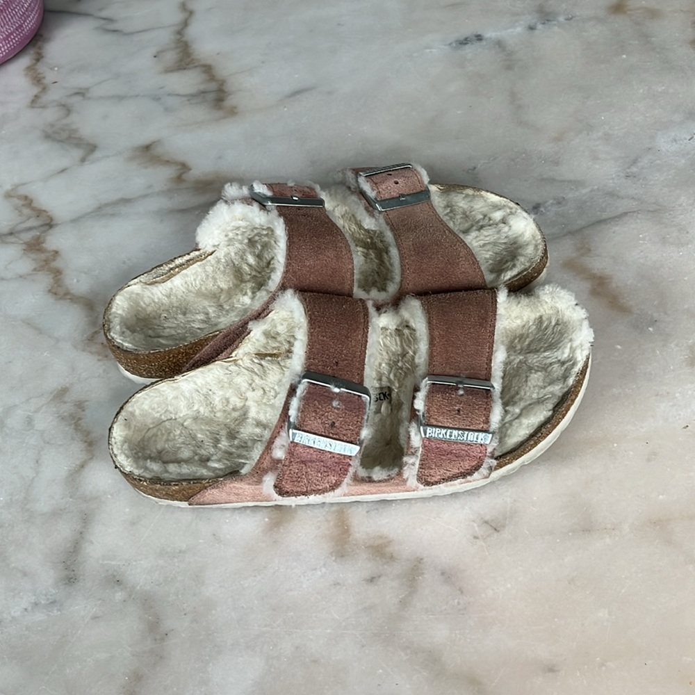 Birkenstock Arizona Shearling Suede Leather Pink Clay Double Strap Sandals 7US - Picture 17 of 17